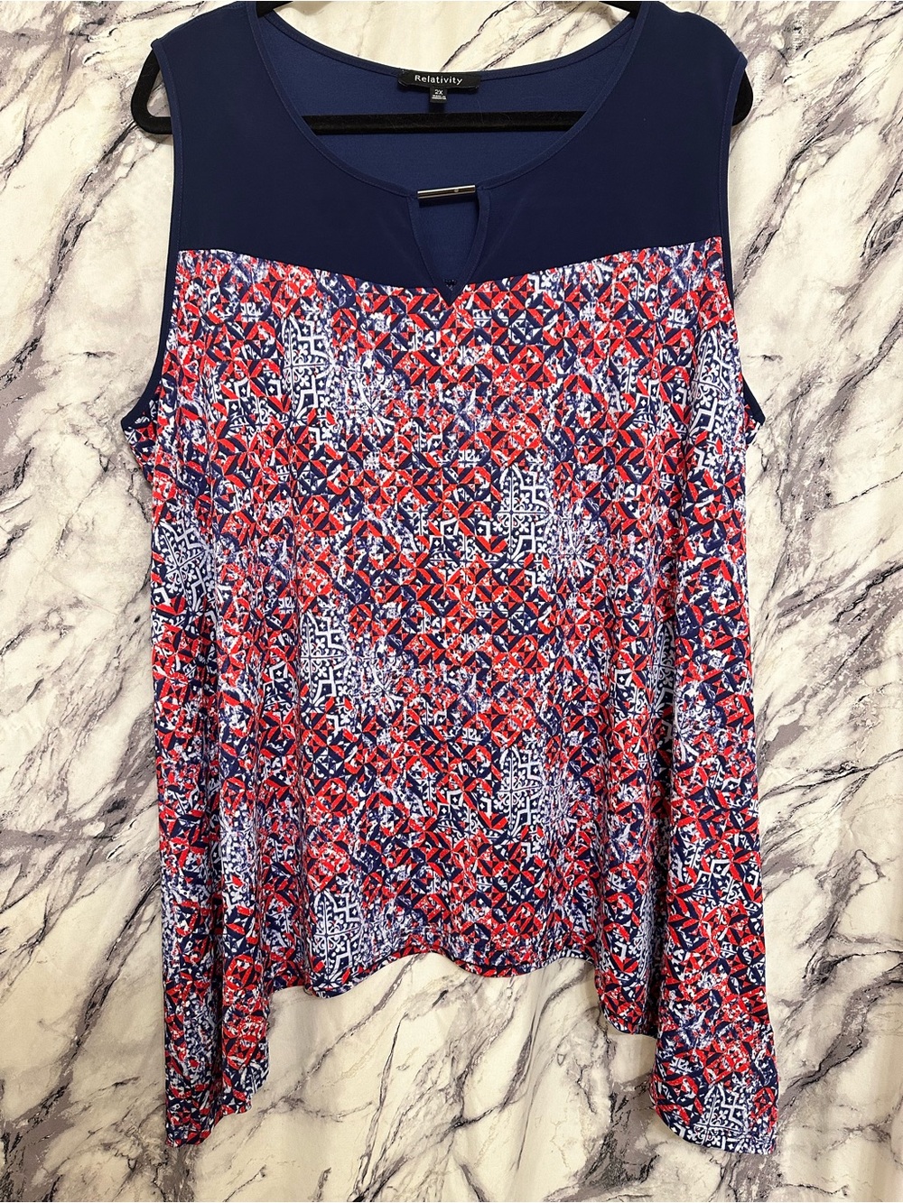 Relativity Navy, Red and White Printed Sleeveless Top - 2X